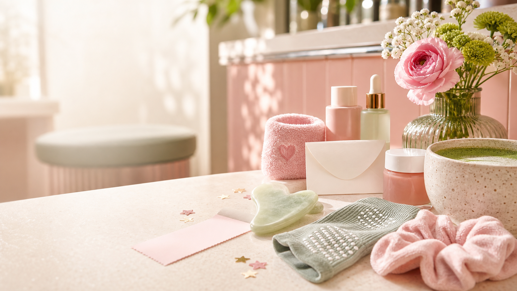 A bright self-care counter with beauty and wellness objects.
